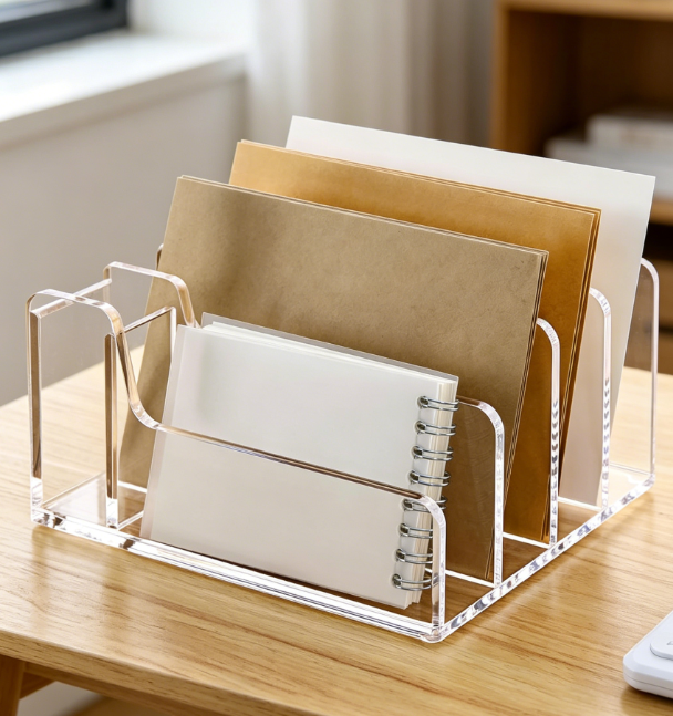 Acrylic mail organizer, 5-slot desk sorter with pen holder - Image 2