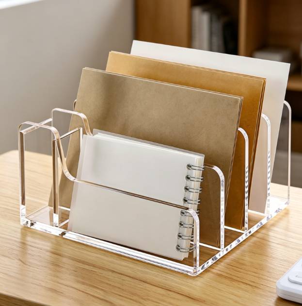 Acrylic mail organizer, 5-slot desk sorter with pen holder