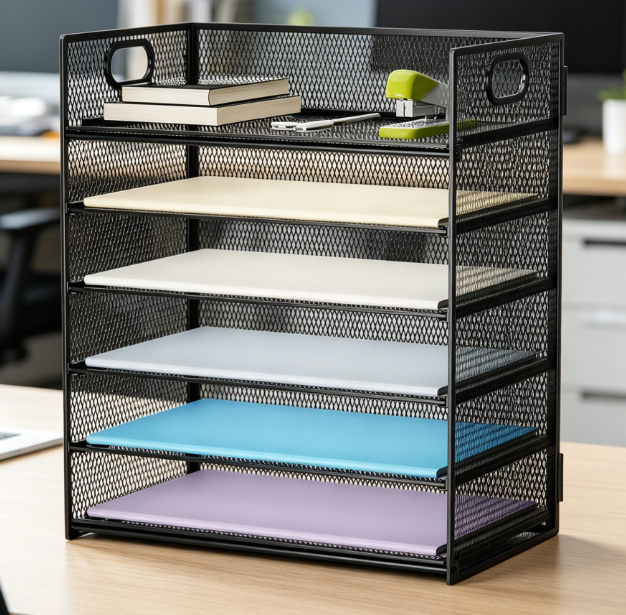 6-Tier Paper Tray with Handle – Mesh File Organizer - Image 2