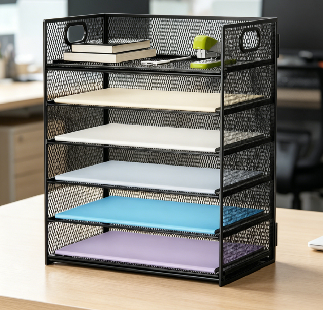 6-Tier Paper Tray with Handle – Mesh File Organizer
