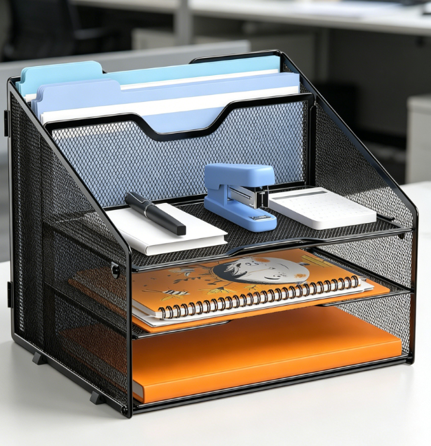 Letter Tray Organizer with 3 Paper Trays and 2 Vertical Uprights - Image 2