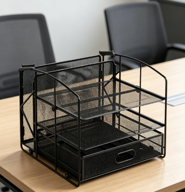 Rectangular Desktop Organizer with 3 Trays, Sliding Drawer, and Hanging File Rack - Image 2