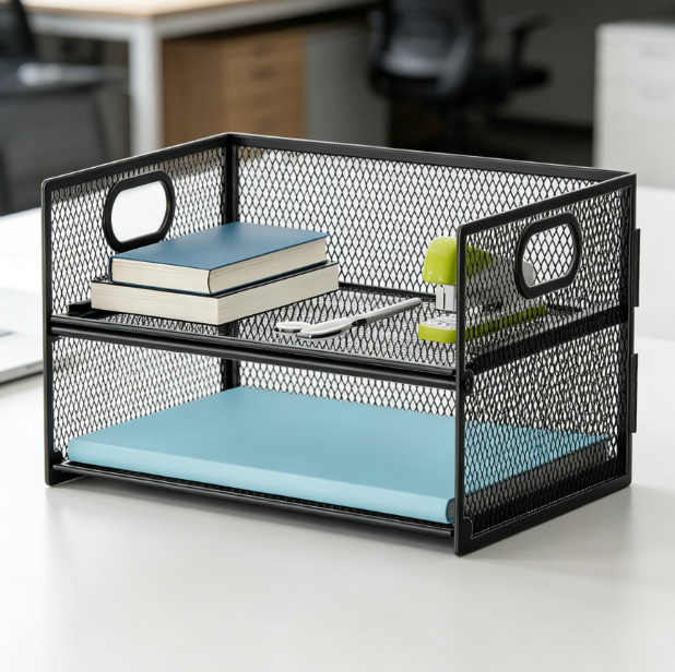 2-Tier Paper Tray with Handle – Mesh File Sorter - Image 2