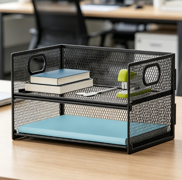 2-Tier Paper Tray with Handle – Mesh File Sorter