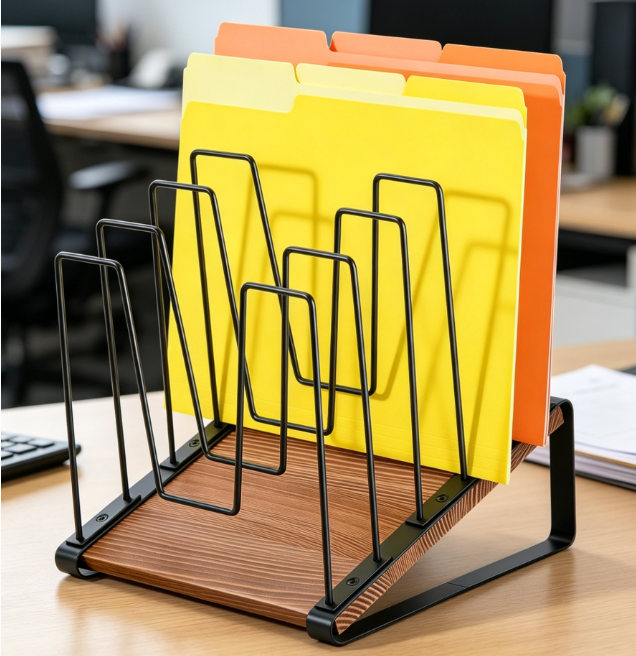 Tilted Desktop File Sorter – 5 Compartments with Solid Wood Base