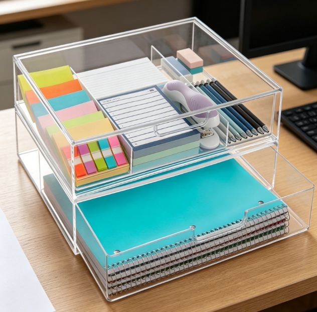 Stackable plastic desk drawers, clear file organizer set (2 pack)
