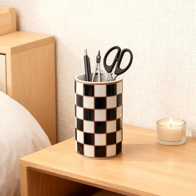 Ceramic Checkered Pen Holder, Pencil Cup Organizer - Image 2