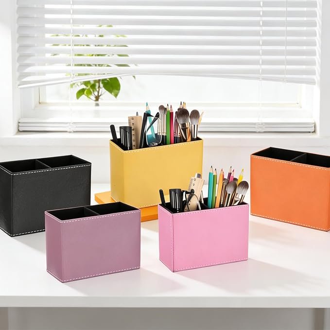 Leather Pen Holder, Square Desk Organizer - Image 2