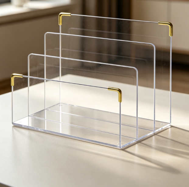 Acrylic file holder with accent, 3-level desk organizer